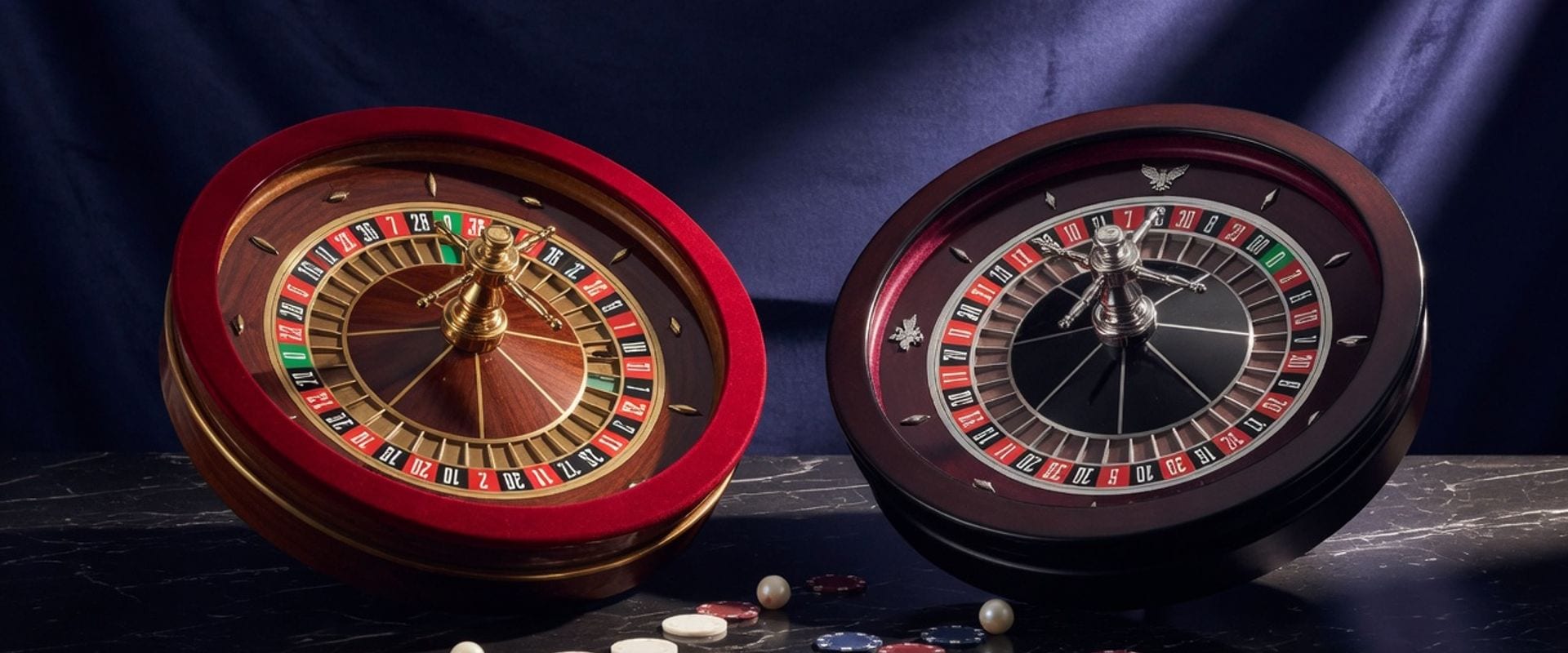 European single-zero and American double-zero roulette wheels side by side