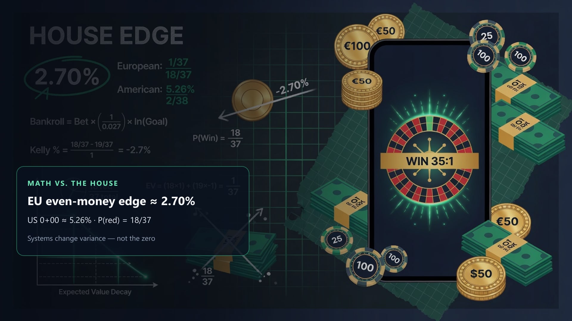 Illustration: mathematics and house edge versus online casino winnings and chips