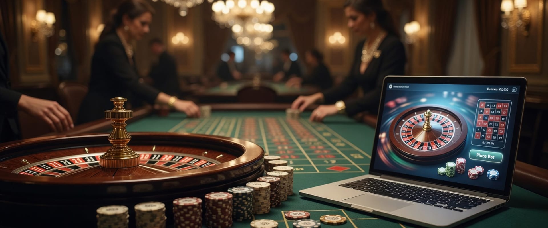 Live casino roulette table beside a laptop with online roulette — same game, two settings