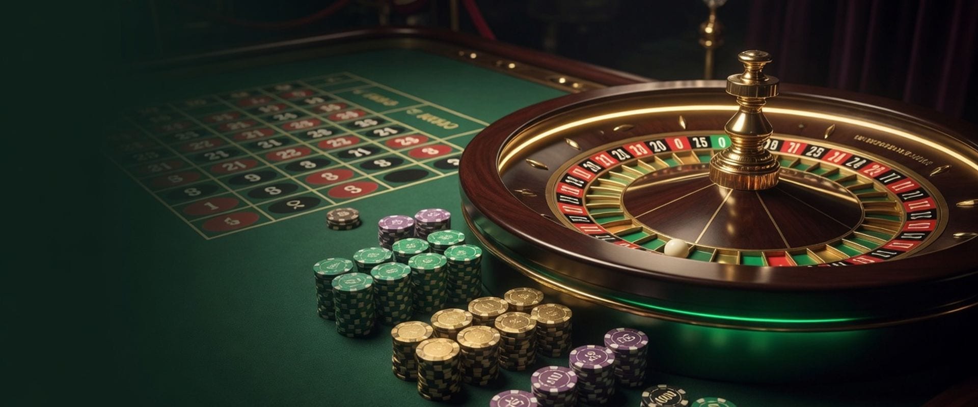 Casino table with European roulette wheel and disciplined chip stacks