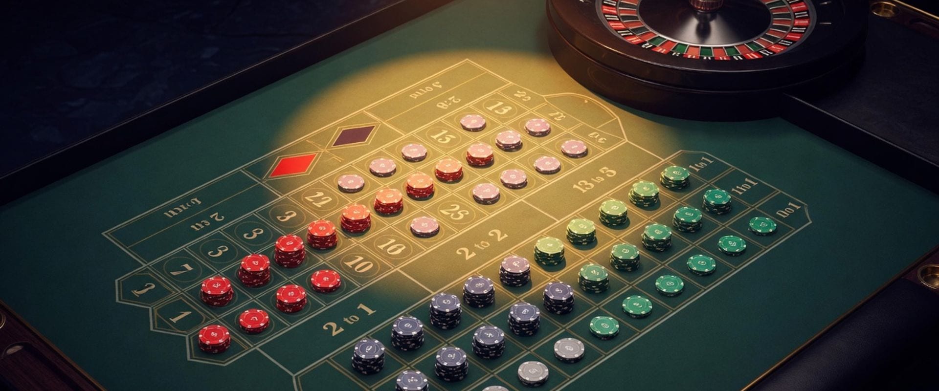 Overhead roulette table with chip patterns for different betting systems